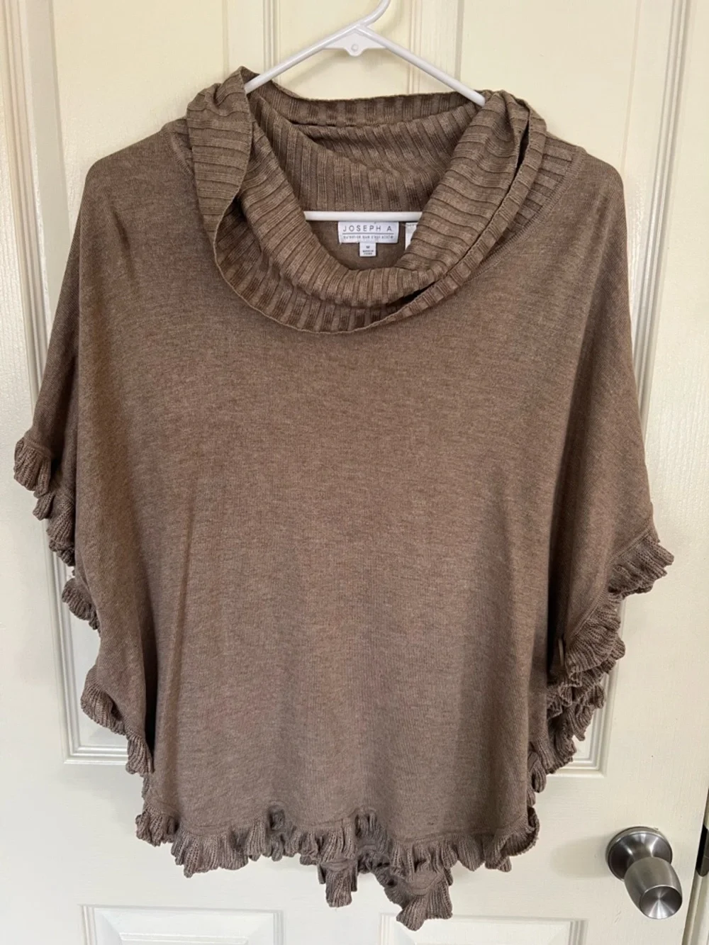 Joseph A Taupe Ruffle Poncho Sweater M Cowl Neck Knit Cape Style Top - Picture 8 of 11